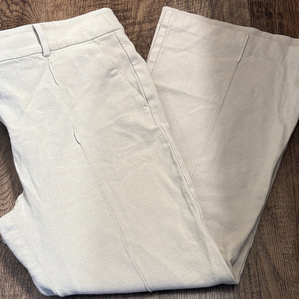 LOFT Sutton Flare Textured Khaki Cream Pants Pintucked Piping Detail Trousers